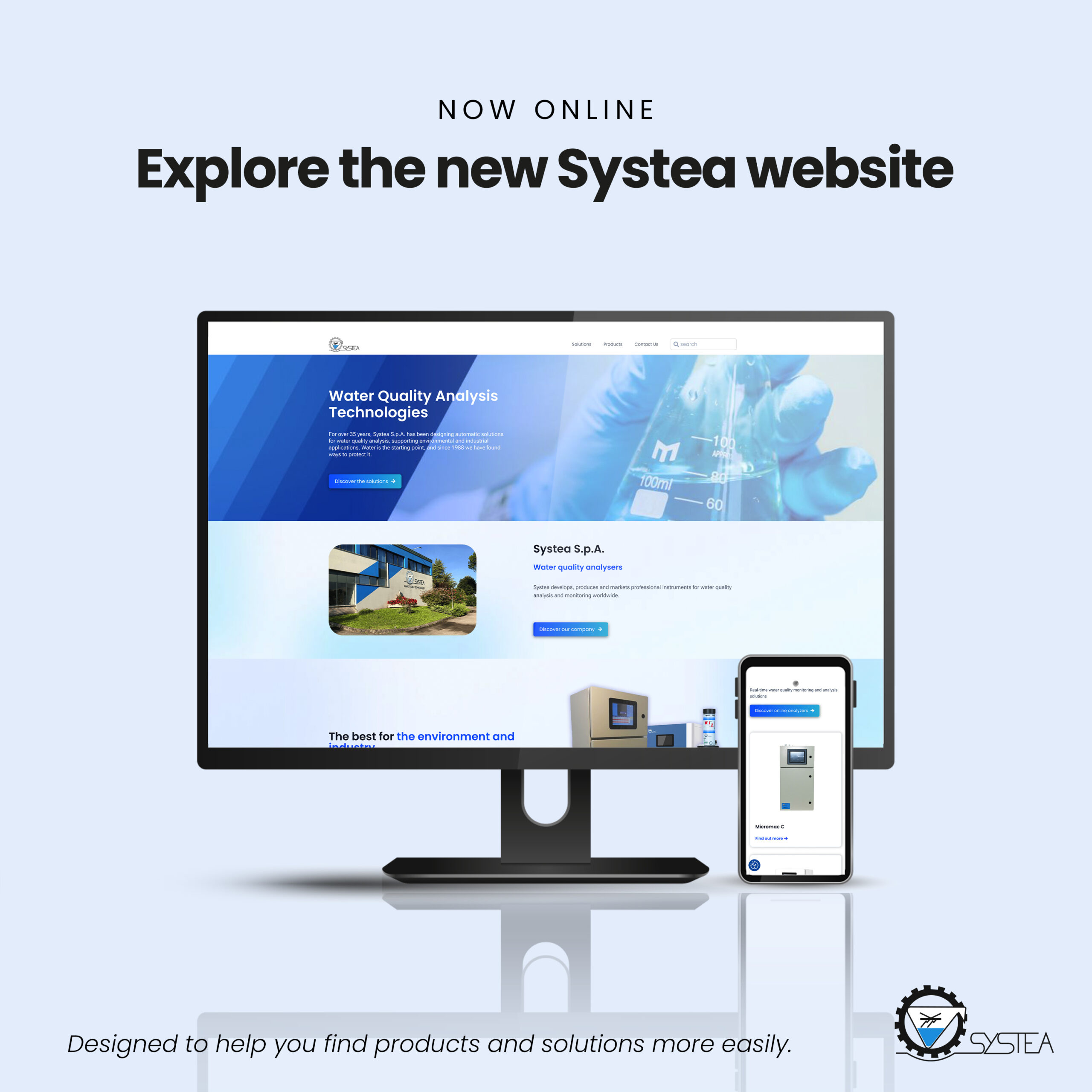 Grafica che annuncia il lancio del nuovo sito web di Systea. L'homepage del sito è mostrata su un monitor desktop e su uno smartphone, con il titolo "Now Online – Explore the new Systea website".